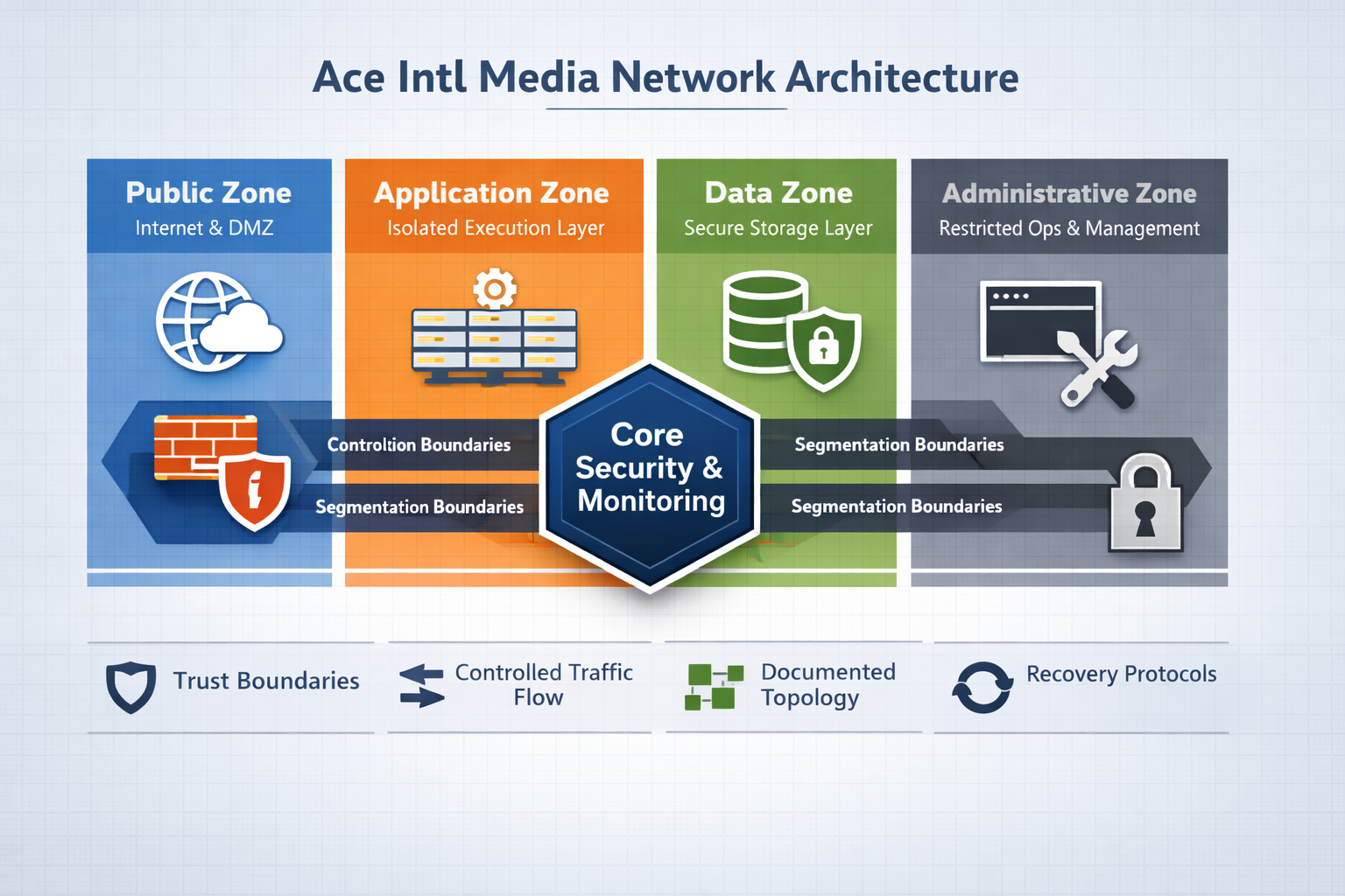 Ace Intl Media network standard showing segmented zones, controlled exposure, and governed boundaries