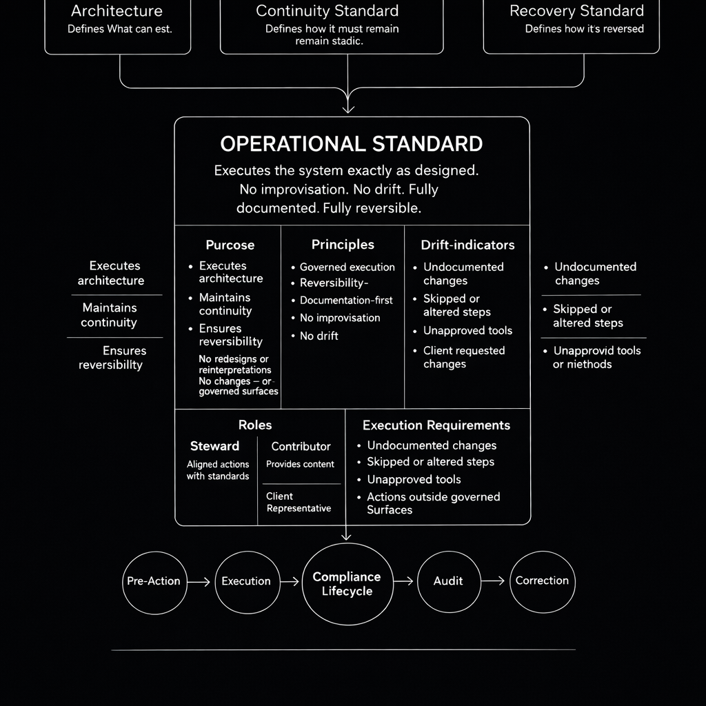 Operational standard execution model showing governed execution aligned with architecture, continuity, and recovery